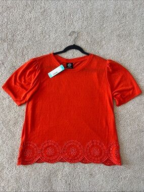 Bobeau Orange Short Sleeve Scallop Eyelet Hem Lightweight Top